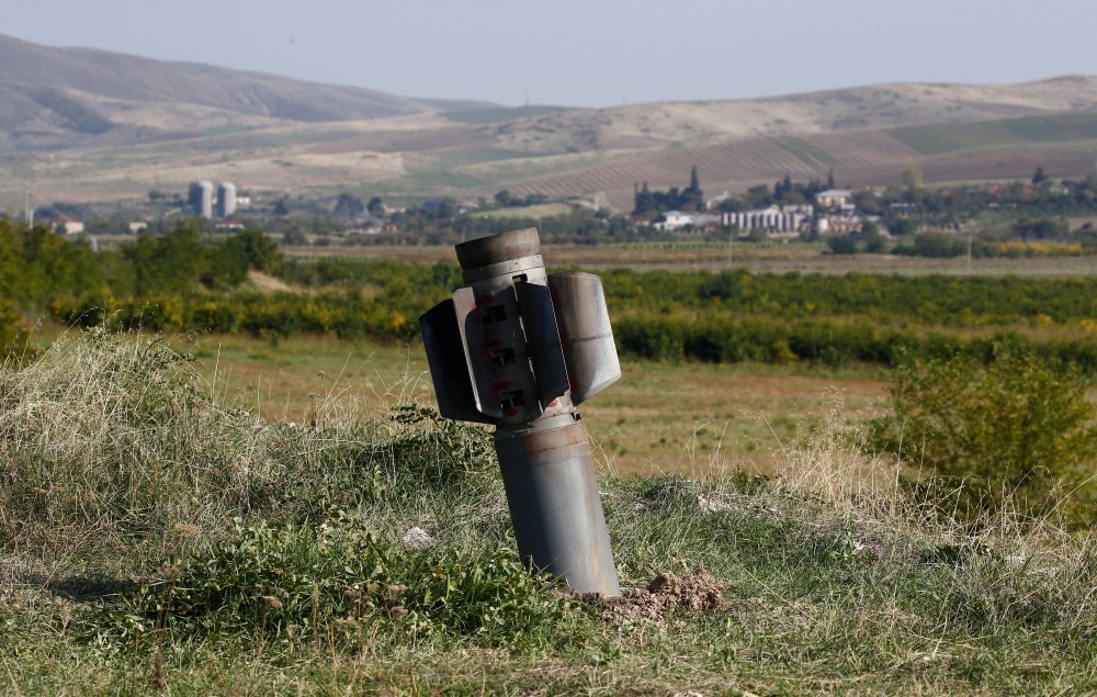 The remains of a rocket shell are seen after recent shelling during the military conflict over the breakaway region of Nagorno-Karabakh, in the town of Martuni October 14, 2020. REUTERS/Stringer