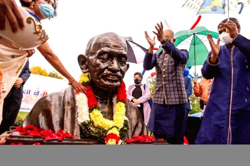 A bust of Mahatma Gandhi was unveiled on Gandhi Jayanti, October 2, 2020, in Amherst, New York State. (IANS Photo)