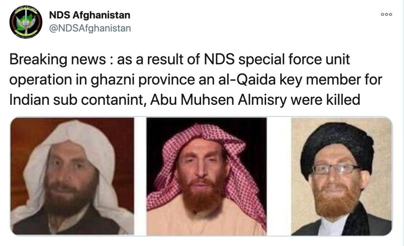 A tweet from NDS Afghanistan saying that they have killed Abu Muhsin Al-Masri in operations, accompanied by three profile photos of Al-Masri, is seen on NDS Afghanistan's Twitter account October 24, 2020. (REUTERS File Photo)