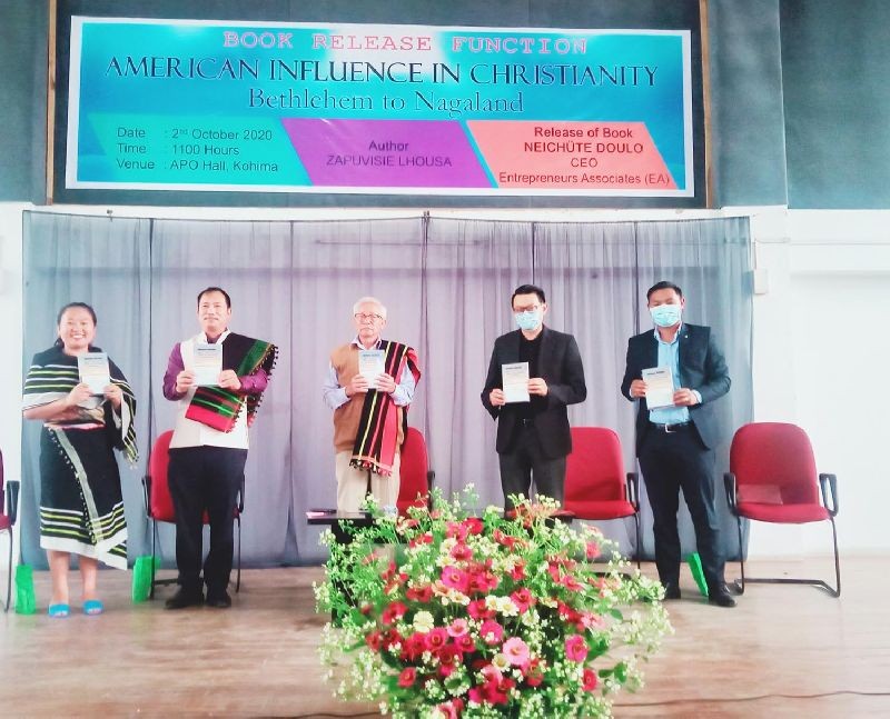 Neichute Doulo and Zapuvisie Lhousa with others during the release of the book ‘American influence in Christianity: Bethlehem to Nagaland’ in Kohima on October 2. (Morung Photo)