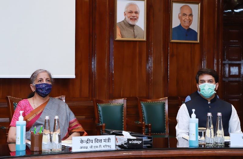 The Union Minister for Finance and Corporate Affairs, Nirmala Sitharaman chairing the GST Council meeting, through video conferencing, in New Delhi on October 12, 2020. The Minister of State for Finance and Corporate Affairs, Anurag Singh Thakur and senior officers are also seen. (PIB Photo)