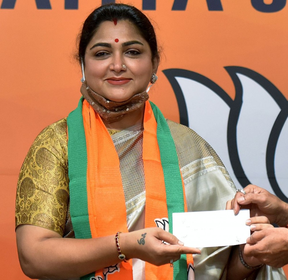 Actor-turned-politician Khushboo joins the BJP at party's headquarters in New Delhi. Photograph: ANI Photo