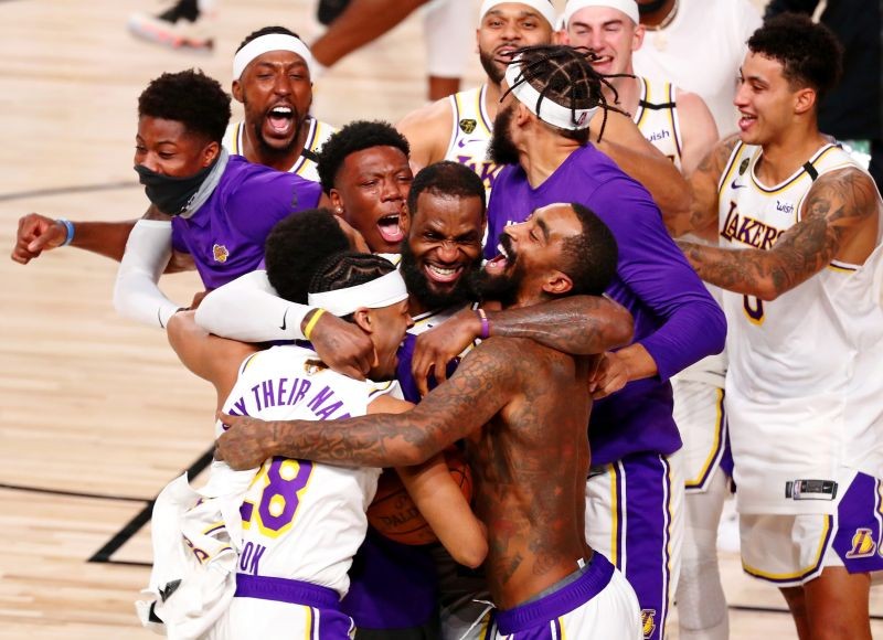 The Los Angeles Lakers celebrate their win over the Miami Heat after game six of the 2020 NBA Finals at AdventHealth Arena. The Los Angeles Lakers won 106-93 to win the series. Kim Klement-USA TODAY Sports