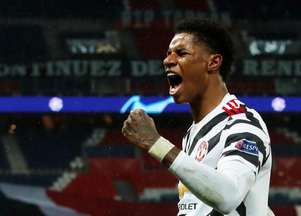 FILE PHOTO: Soccer Football - Champions League - Group H - Paris St Germain v Manchester United - Parc des Princes, Paris, France - October 20, 2020 Manchester United's Marcus Rashford celebrates scoring their second goal REUTERS/Gonzalo Fuentes/File Photo