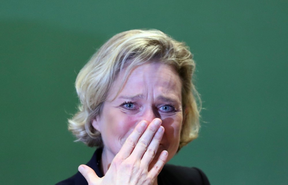 Belgian artist, Princess Delphine de Saxe-Cobourg, know also with her former name Delphine Boel, reacts during a news conference after she has been recognised as the daughter of Belgium's former King Albert II, becoming officially a princess, in Brussels, Belgium October 5, 2020. REUTERS/Yves Herman