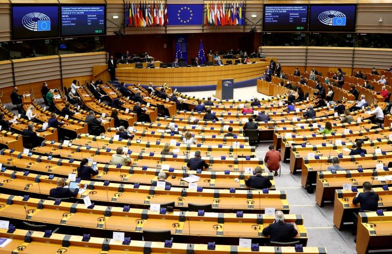 A general view shows European Council President Charles Michel addressing an extraordinary plenary session of the EU Parliament following an EU leaders summit, in Brussels, Belgium on July 23, 2020. (REUTERS File Photo)