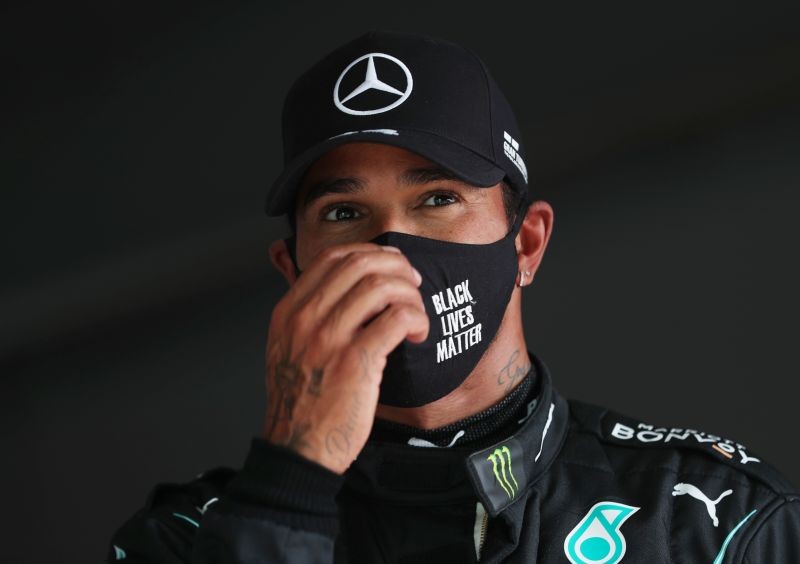 Mercedes' Lewis Hamilton after qualifying in pole position Pool via REUTERS/Jose Sena Goulao
