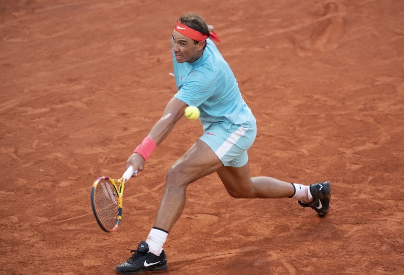 Rafael Nadal (ESP) in action during his match against Diego Schwartzman (ARG) on day 13 at Stade Roland Garros. Mandatory Credit: Susan Mullane-USA TODAY Sports