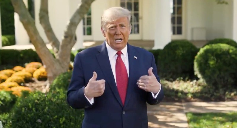 U.S. President Donald Trump makes an announcement about his treatment for coronavirus disease (COVID-19), in Washington, U.S., in this still image taken from video, October 7, 2020. The White House/Handout via REUTERS