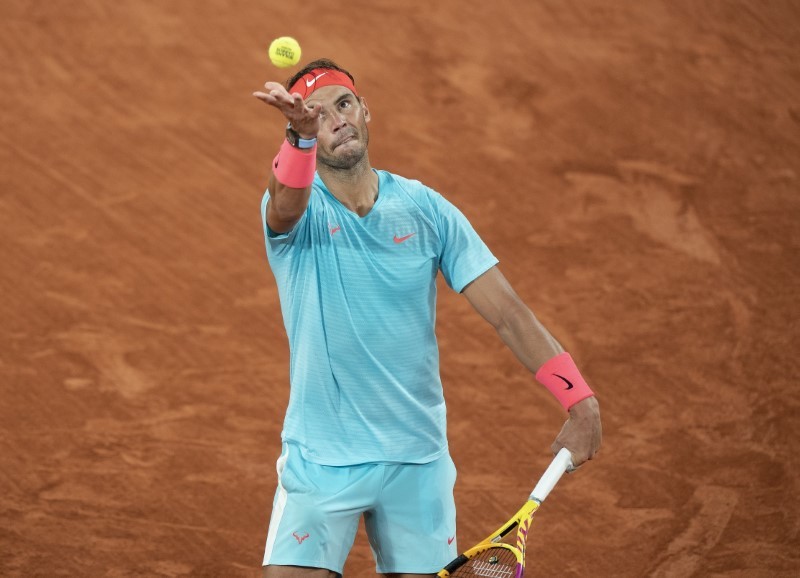 Oct 2, 2020; Paris, France; Rafael Nadal (ESP) in action during his match against Stefano Travaglia (ITA) on day six at Stade Roland Garros. Mandatory Credit: Susan Mullane-USA TODAY Sports