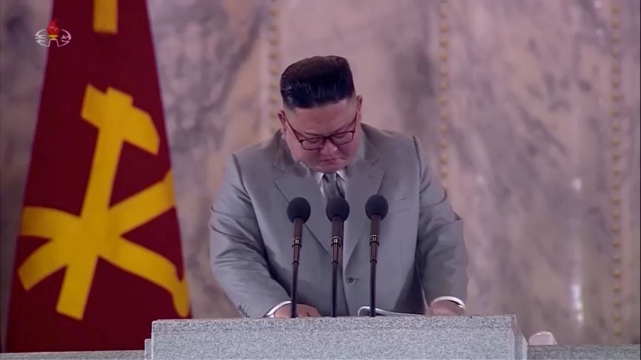 North Korean Leader Kim Jong Un reacts during a speech at a military parade marking 75th founding anniversary of Workers' Party of Korea (Wpk), in this still image taken from video on October 12, 2020. KRT TV/ via REUTERS