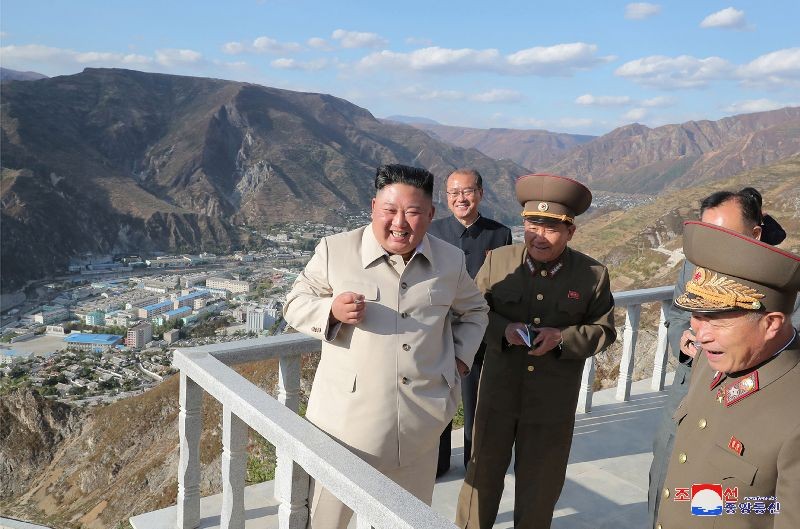 North Korean leader Kim Jong Un inspects a damage recovery site affected by heavy rains and winds caused by recent typhoons, in Geomdeok district, South Hamgyong province, in North Korea, in this photo supplied by the North Korean Central News Agency (KCNA), October 13, 2020.  KCNA via REUTERS