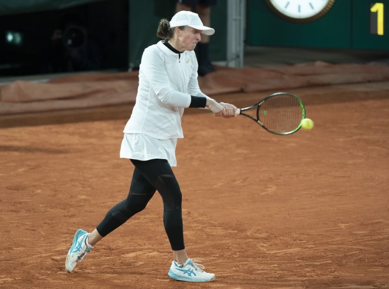 Iga Swiatek (POL) in action during her match against Martina Trevisan (ITA) on day 10 at Stade Roland Garros. Mandatory Credit: Susan Mullane-USA TODAY Sports