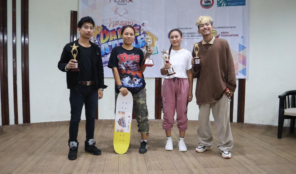 ‘Nagaland Dance Battle’ champion Kivikye Chophy from Dimapur (2nd left) and runner-up Putulemla from Tuli (2nd right) with the other semi finalists. (Musika Events @musikaevents/Facebook)