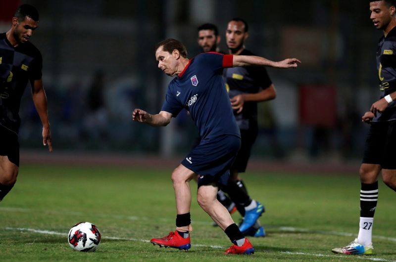 Ezzeldin Bahader, a 74-years-old Egyptian football player of 6th October Club is seen in action during a soccer match against El Ayat Sports Club of Egypt's third division league at the Olympic Stadium in the Cairo suburb of Maadi, Egypt October 17, 2020. REUTERS/Amr Abdallah Dalsh