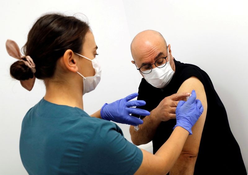A health worker injects an experimental Chinese coronavirus disease (COVID-19) vaccine to volunteer and doctor Naim Celik as Turkey began final Phase III trials at Kocaeli University Research Hospital in Kocaeli, Turkey on September, 25, 2020. (REUTERS File Photo)