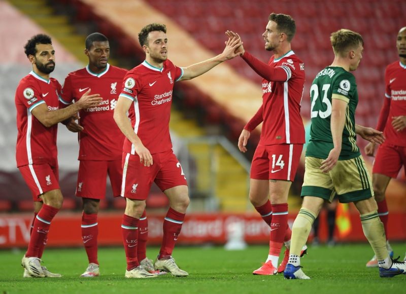 Liverpool's Diogo Jota celebrates scoring their second goal with teammates Pool via REUTERS/Stu Forster