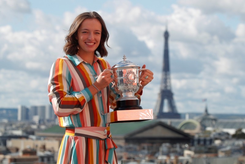 FILE PHOTO: Tennis - French Open - Galeries Lafayette Rooftop, Paris, France - October 11, 2020 Poland's Iga Swiatek poses with the trophy after winning the French Open yesterday REUTERS/Charles Platiau/File photo