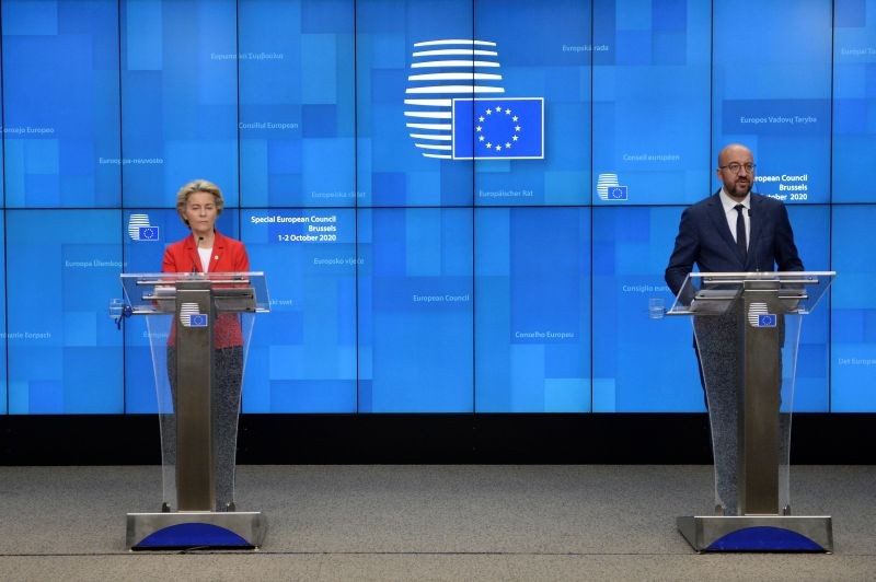 European Council President Charles Michel and European Commission President Ursula von der Leyen hold a news conference during the second face-to-face EU summit since the coronavirus disease (COVID-19) outbreak, in Brussels, Belgium on October 2. (REUTERS Photo)