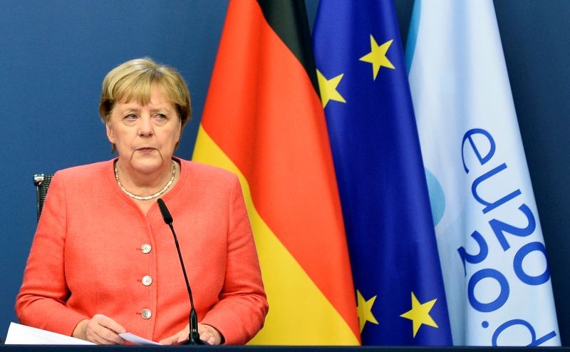 Germany's Chancellor Angela Merkel attends a news conference during the second face-to-face EU summit since the coronavirus disease (COVID-19) outbreak, in Brussels, Belgium on October 2, 2020. (REUTERS Photo)
