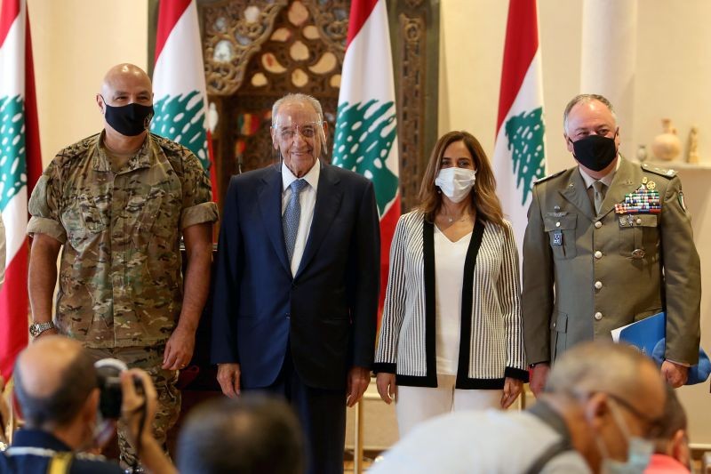 Lebanon's Army chief General Joseph Aoun, Lebanon's parliament speaker Nabih Berri, Lebanon's caretaker Minister of Defense Zeina Akar and UNIFIL Head of Mission and Force Commander Major General Stefano Del Col pose for a photo during a news conference in Beirut, Lebanon on October 1, 2020. (REUTERS Photo)