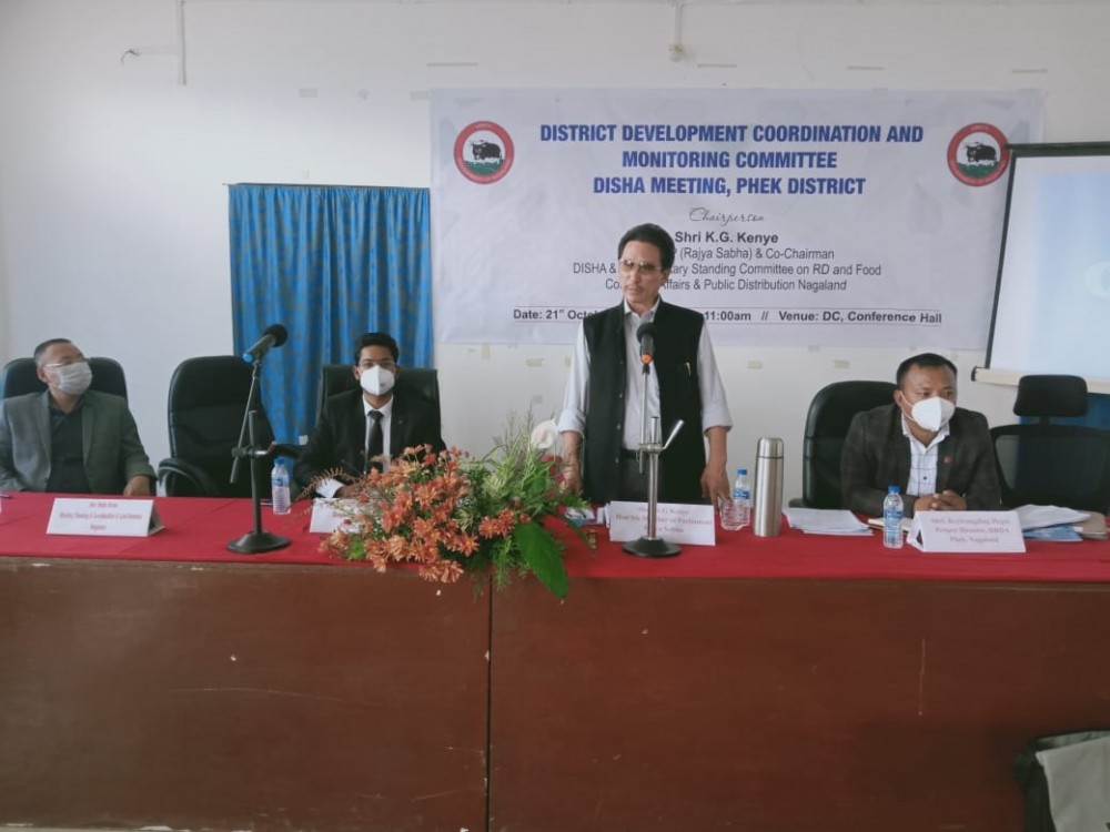 KG Kenye, Member of Parliament (MP) Rajya Sabha & Co-Chairman DISHA Nagaland & Parliamentary Standing Committee on Food, Consumer Affairs & Public Distribution addressing DISHA meeting at Phek on October 21.