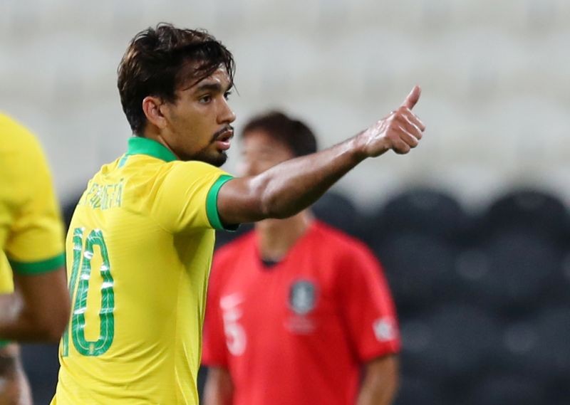 Mohammed bin Zayed Stadium, Abu Dhabi, United Arab Emirates - November 19, 2019 Brazil's Lucas Paqueta celebrates scoring their first goal REUTERS/Mahmoud Khaled/Files