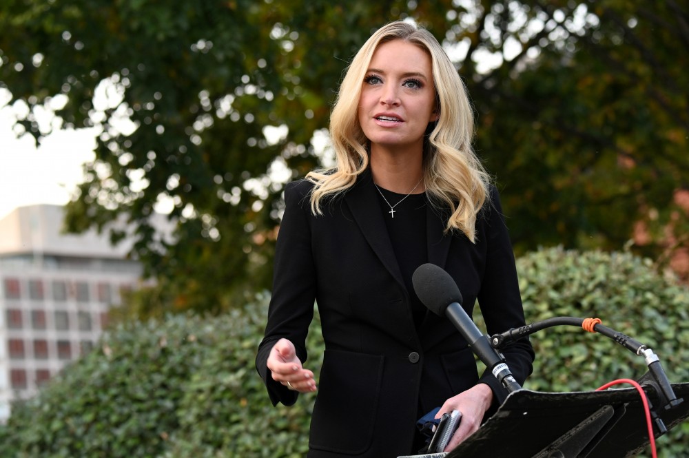 FILE PHOTO: White House Press Secretary Kayleigh McEnany speaks to members of the media at the White House in Washington, U.S. October 4, 2020. REUTERS/Erin Scott/File Photo