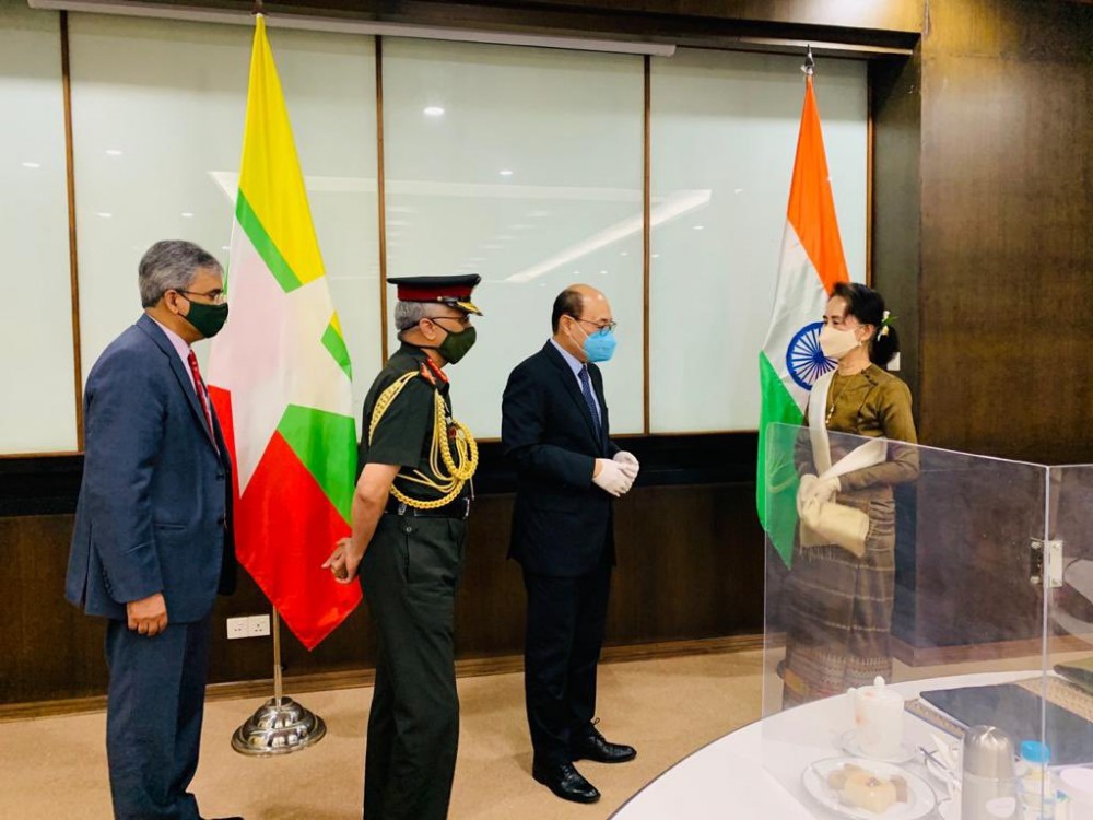 Chief of Army Staff General MM Naravane and Foreign Secretary Harsh Vardhan Shringla along with Ambassador of India to Myanmar, Saurabh Kumar calling on State Counsellor State Counsellor Aung San Suu Kyi in NayPyiTaw on October 5. They discussed important bilateral issues, the official page of the Embassy of India in Yangon tweeted. (Photo Courtesy: @IndiainMyanmar / Twitter)