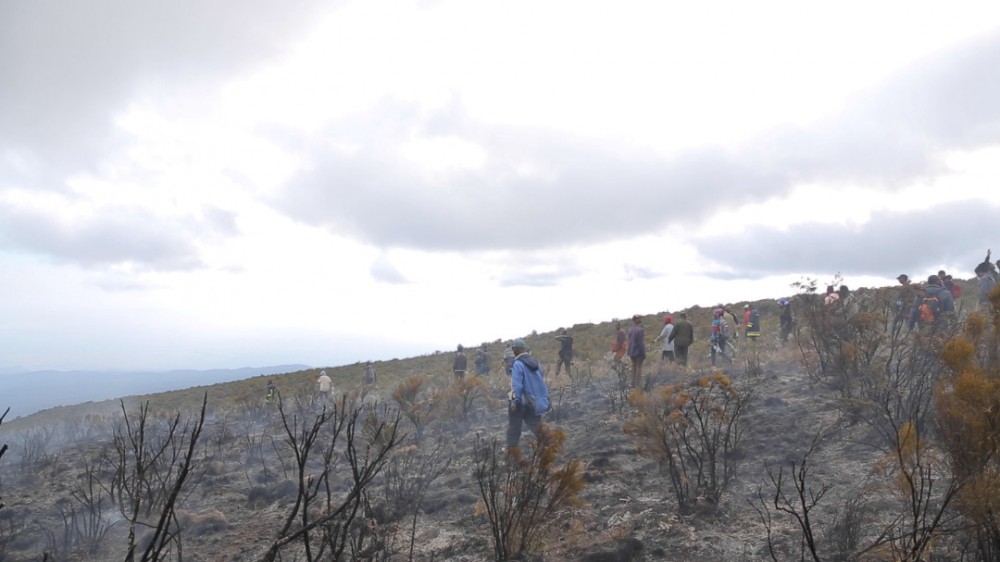 FILE PHOTO: People are seen near a fire spreading on Mount Kilimanjaro, Tanzania October 12, 2020 in this picture obtained from social media. Tanzania National Parks (TANAPA)/via REUTERS