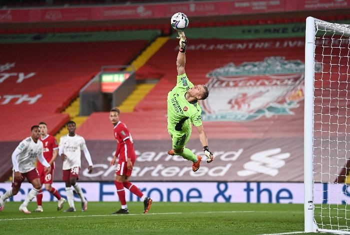 Soccer Football - Carabao Cup Fourth Round - Liverpool v Arsenal - Anfield, Liverpool, Britain - October 1, 2020 Arsenal's Bernd Leno makes a save Pool via REUTERS/Laurence Griffiths