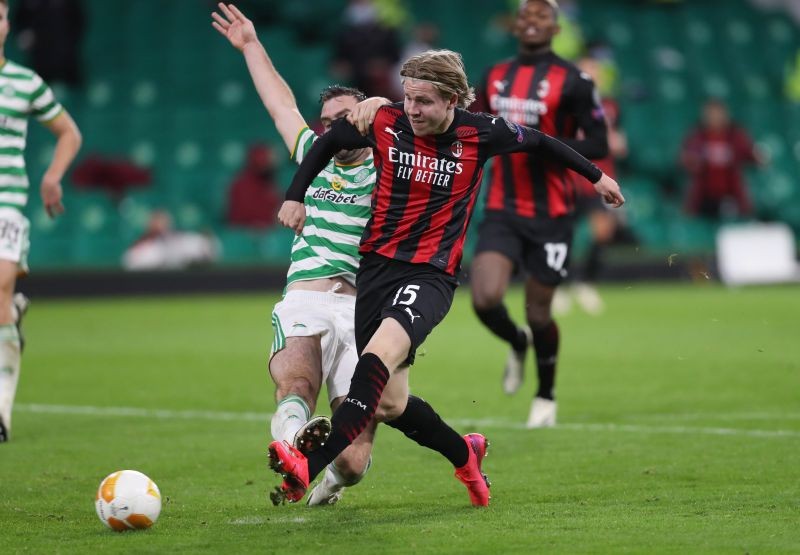 AC Milan's Jens Petter Hauge scores their third goal. (Reuters Photo)