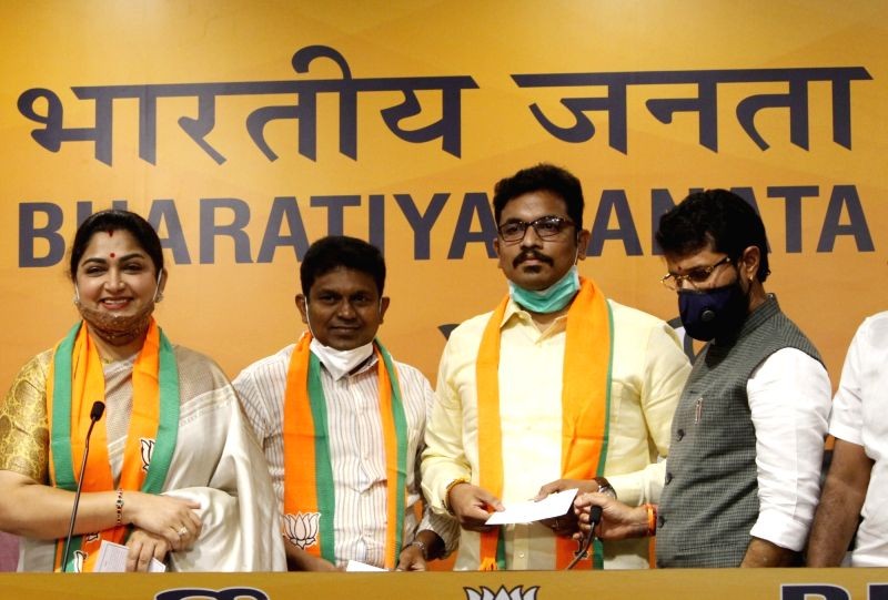 Tamil film actress and former Congress spokesperson Kushbu Sundar, who joined BJP party in New Delhi. (IANS Photo)