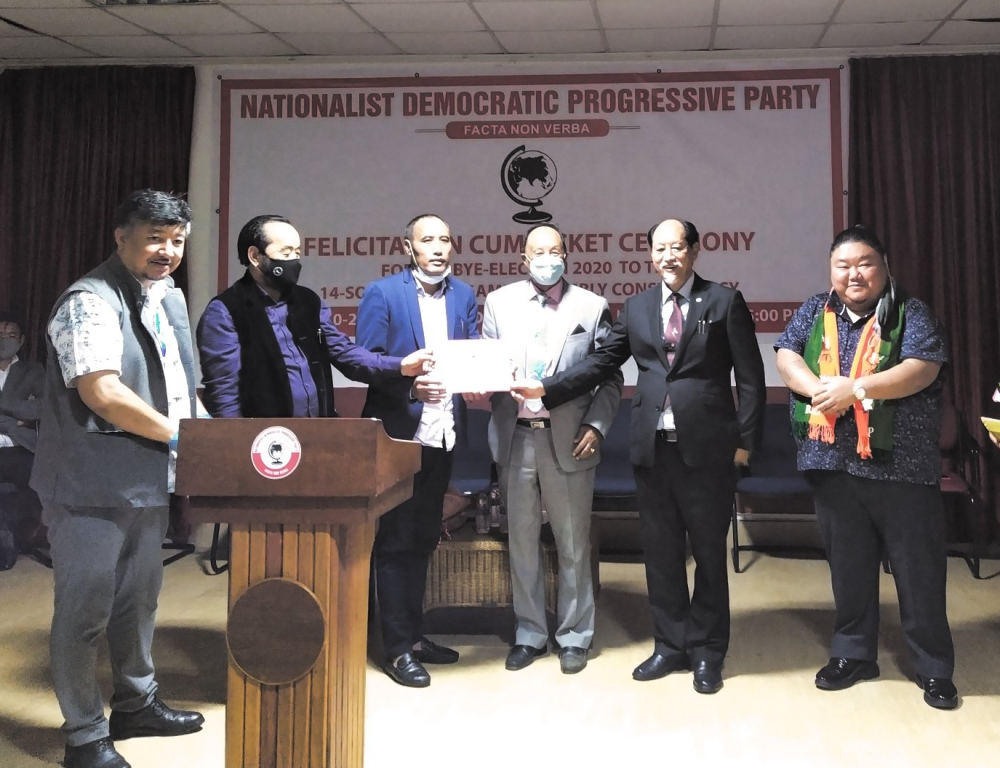 BJP and NDPP leaders during the announcement of Medo Yhokha’s candidature for the upcoming 14th southern Angami-1 AC Bye Election on October 15. (Photo Courtesy: @NDPPofficial/Twitter)