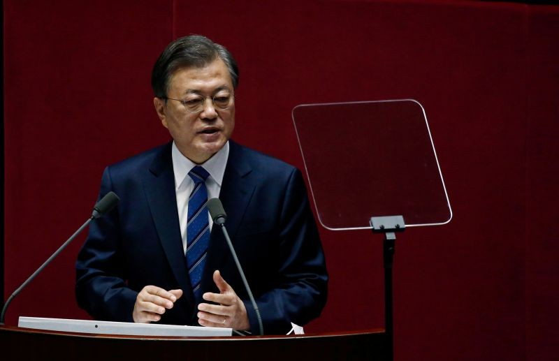 South Korean President Moon Jae-in speaks at the National Assembly in Seoul, South Korea, October 28, 2020. (REUTERS Photo)