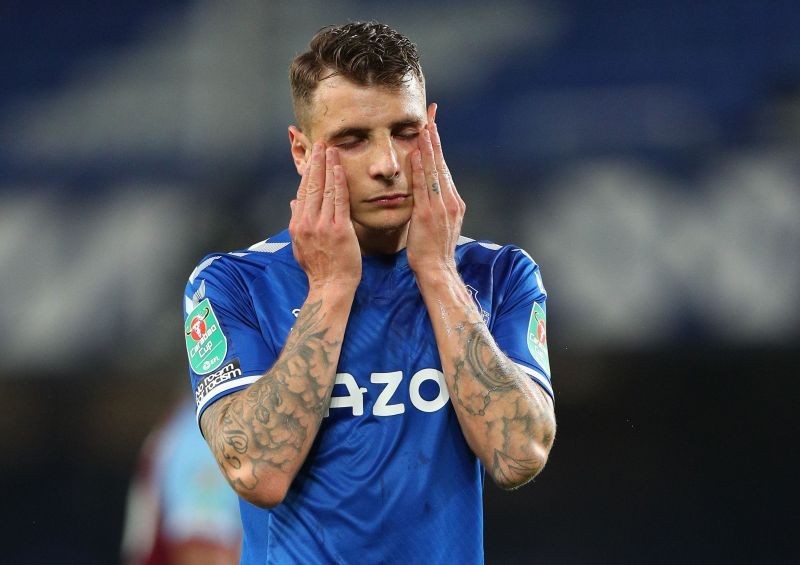 Everton's Lucas Digne reacts Pool via REUTERS/Peter Byrne/Files