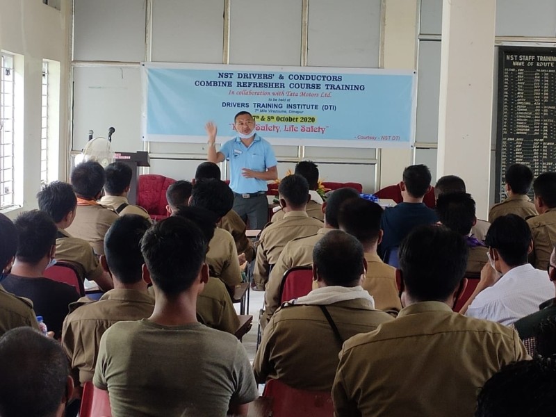 Two day NST Drivers and Conductors combined refresher course training in collaboration with Tata Motors Ltd on the theme ‘Road Safety, Life Safety’ is underway at Drivers Training Institute, Dimapur from October 7. On day one, the welcome note was delivered by K Kepen, Dy GM (DTI) followed by speech from A Limasunep Jamir, Jt General Manager. Three sessions were held with the following topic and speakers Duties and responsibilities of crew by Bendangtoshi, Dy GM (HQ), Awareness on traffic rules and its offence by Peter Shuya, O/C Traffic Zone II and Awareness on safety and defensive driving by Vimedo Chase, Sr Instructor. It was followed by group discussion.  