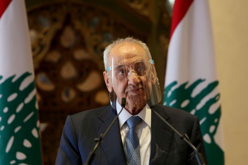 Lebanon's parliament speaker Nabih Berri wears a face shield during a news conference in Beirut, Lebanon October 1, 2020. (REUTERS File Photo)