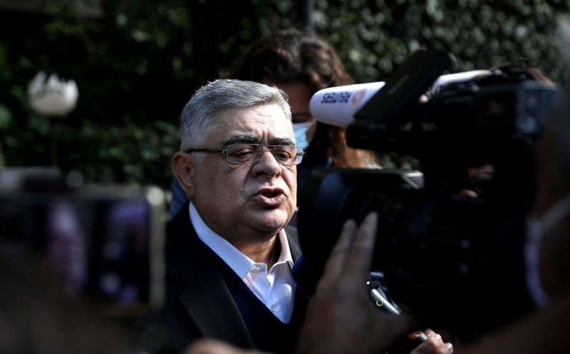 Leader of the far-right Golden Dawn party Nikos Mihaloliakos speaks to media outside his house after the party was declared a criminal organisation by a court in Athens, Greece, October 22, 2020. (REUTERS Photo)