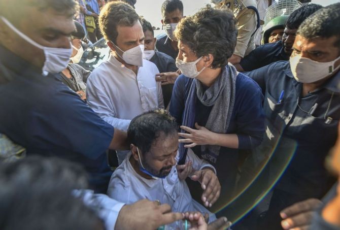 Congress leaders Rahul Gandhi and Priyanka Gandhi at Delhi-Noida border as they attempt to move towards Hathras to meet family members of the 19-year-old woman who died after she was allegedly gang-raped, in New Delhi. Photograph: Ravi Choudhary/PTI Photo