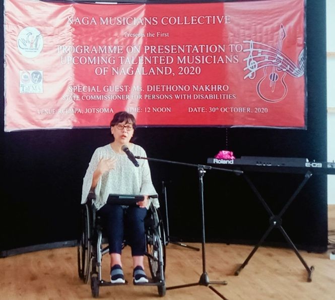 Diethono Nakhro speaking at the Presentation to upcoming talented musicians of Nagaland, 2020 held on October 30. (Morung Photo)
