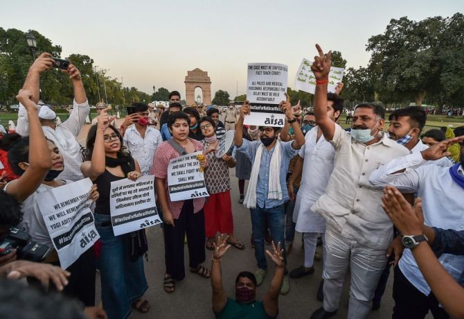 Members of All India Students Association (AISA) and Bhim Army detained by police during a protest against the death of a Dalit woman who was gang-raped in Hathras (UP), in New Delhi, on Wednesday. Photograph: Arun Sharma/PTI Photo