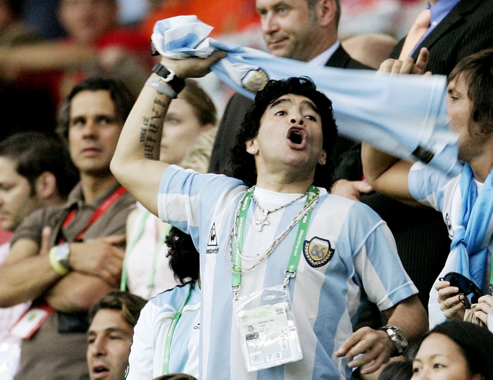 Argentine soccer legend Diego Maradona during the Argentina and Holland 2006 FIFA World Cup match in Germany  in Waldstadion, Frankfurt on June 21, 2006. (Action Images via Reuters/John Sibley/File Photo/File Photo/File Photo)