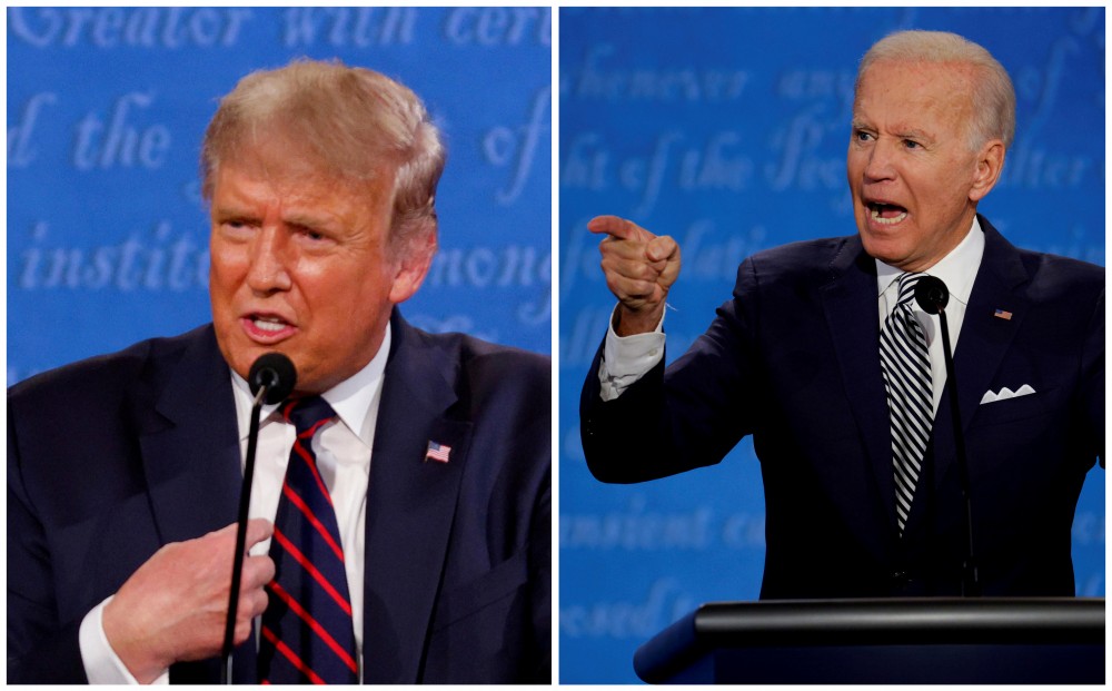 FILE PHOTO: A combination picture shows U.S. President Donald Trump and Democratic presidential nominee Joe Biden speaking during the first 2020 presidential campaign debate, held on the campus of the Cleveland Clinic at Case Western Reserve University in Cleveland, Ohio, U.S., September 29, 2020. Picture taken September 29, 2020. REUTERS/Brian Snyder/File Photo