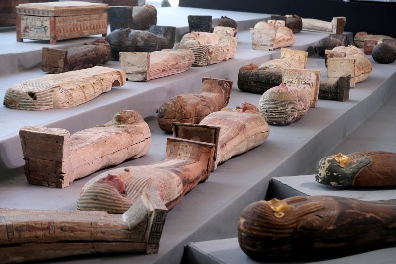 Sarcophaguses that are around 2500 years old, from the newly discovered burial site near Egypt's Saqqara necropolis, are seen during a presentation in Giza, Egypt November 14, 2020. (REUTERS Photo)