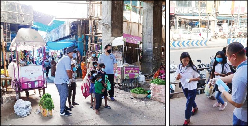 (LEFT) Dorians Society members sensitizing under-privileged children on the importance of personal protection against COVID-19 at New Market, Dimapur on November 26. (RIGHT) A member handing away mask to a pedestrian out without wearing mask. (Morung Photos)