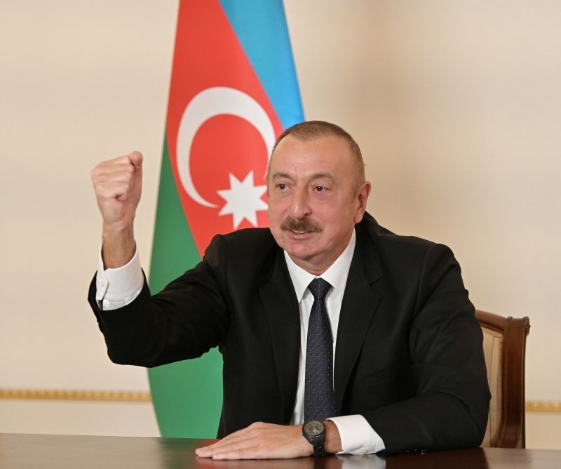 Azerbaijan's President Ilham Aliyev gestures as he speaks during an address to the nation in Baku, Azerbaijan, in this picture released October 26, 2020. (REUTERS File Photo)