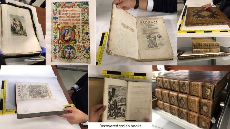 A combination picture shows recovered stolen books in unknown location, picture obtained by Reuters on November 10, 2020. (REUTERS PHoto)