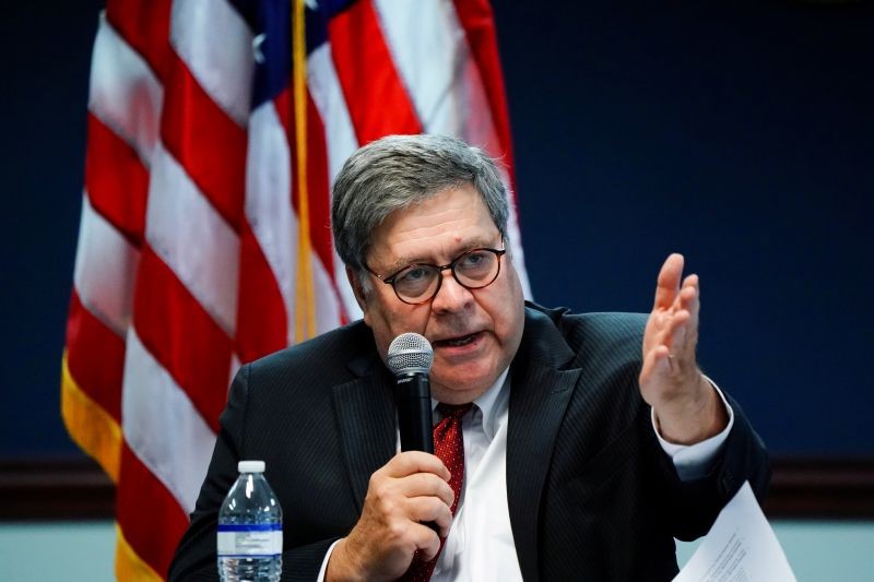 FILE PHOTO: U.S. Attorney General William Barr participates in a roundtable discussion about human trafficking at the U.S. Attorney's Office in Atlanta, Georgia, U.S., September 21, 2020. REUTERS/Elijah Nouvelage/File Photo