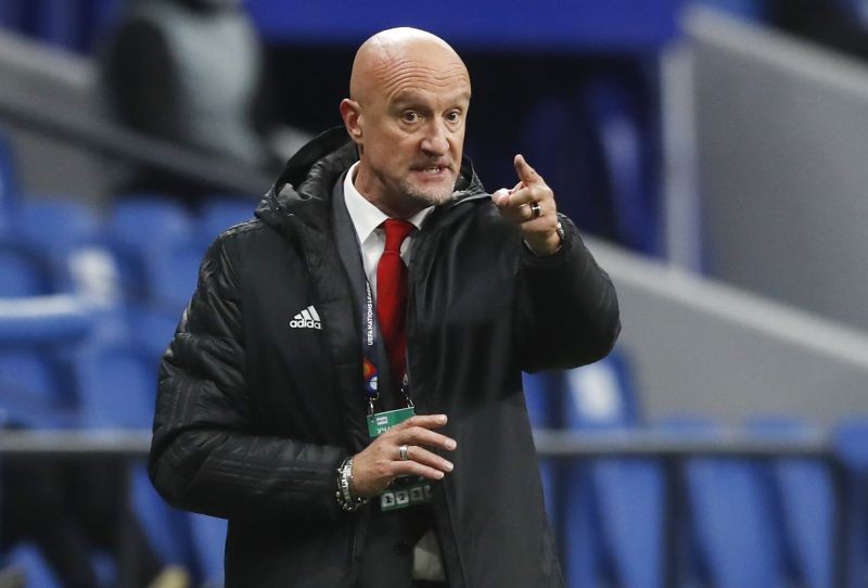 Hungary coach Marco Rossi during the match Pool via REUTERS/Pavel Golovkin